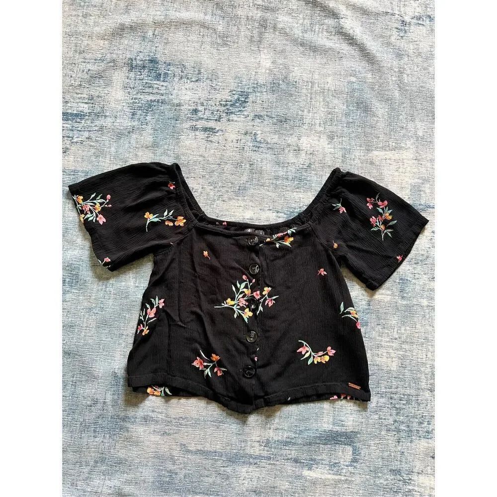 Volcom Black Pink Orange Bud Seriously Button Front Short Sleeve Top Small